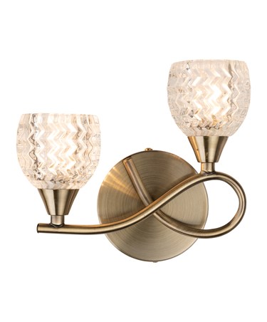 Hendon Antique Brass Twin Double Wall Light with Crystal Glass Shades