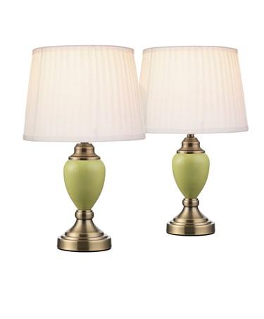 Pair of Malham Small Touch Control Table Lamps Green with Ivory Pleated Shades