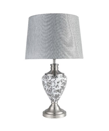 Hepburn Large Printed Ceramic Table Lamp with Grey Shade - Black Print & Silver