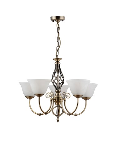 Kingswood 5 Light Ceiling Light with Alabaster Glass Shades - Antique Brass