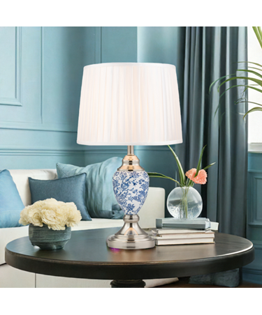 Malham Small Table Lamp with Matching Shade - Modern White, Blue, Silver