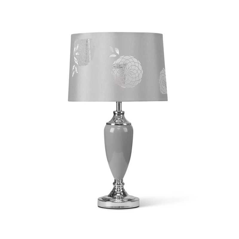 Malham Large Table Lamp with Lacy Bloom Stencil Shade - Modern Grey & Silver Malham Large Table Lamp with Lacy Bloom Stencil Shade - Modern Grey & Silver