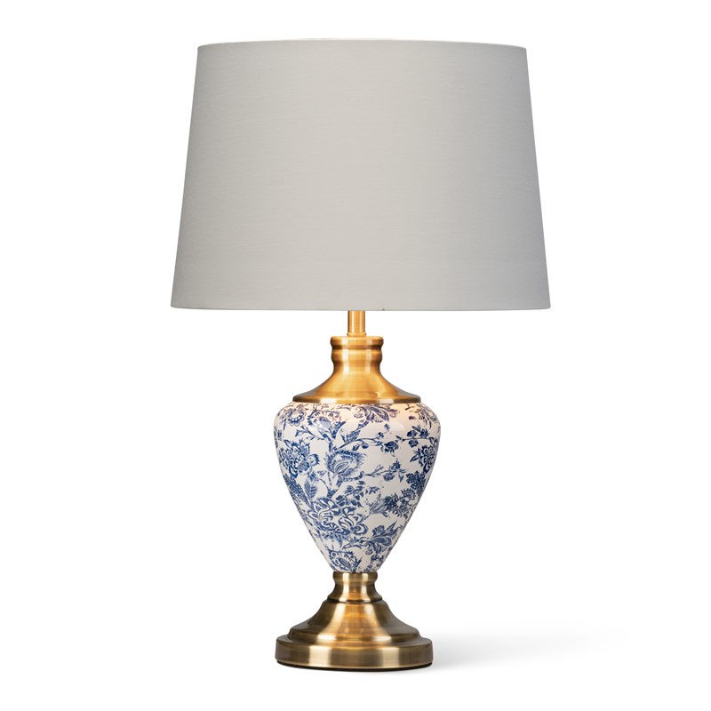 Hepburn Large Ceramic Table Lamp with White Gold Shade - Blue Print, Brass Hepburn Large Ceramic Table Lamp with White Gold Shade - Blue Print, Brass