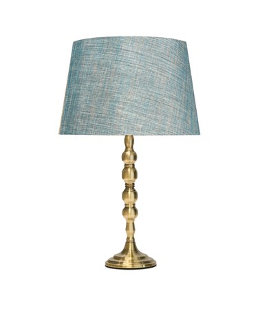 Bergen Slimline Antique Brass Candlestick Table Lamp with Blue Gold Linen Shade