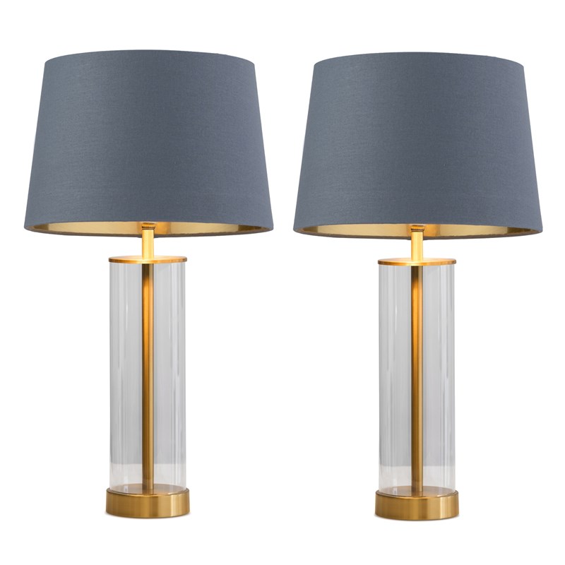 Arezo Gold Table Lamps with Blue Gold Lined Shade (Pair) Arezo Gold Table Lamps with Blue Gold Lined Shade (Pair)