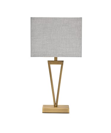 V Design Antique Brass Slimline Table Lamp with Grey Linen Shade