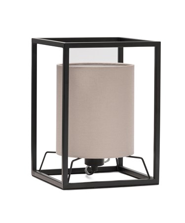 Chapel Matt Black Industrial Style Cage Table Lamp with Grey Linen Shade