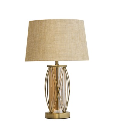 Ashleigh Antique Brass Amber Glass Cylinder Lantern Table Lamp with Beige Shade