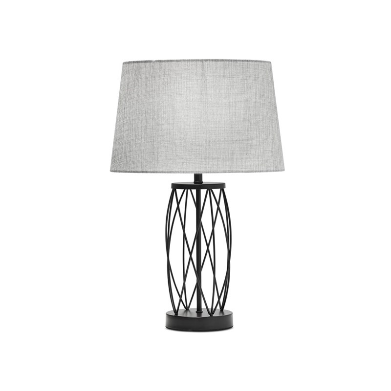Ashleigh Black Metal Lattice Cylinder Lantern Table Lamp with Grey Linen Shade Ashleigh Black Metal Lattice Cylinder Lantern Table Lamp with Grey Linen Shade