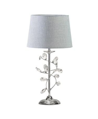 Crystal Glass Leaf Design Modern Chrome Table Lamp with Grey Linen Shade