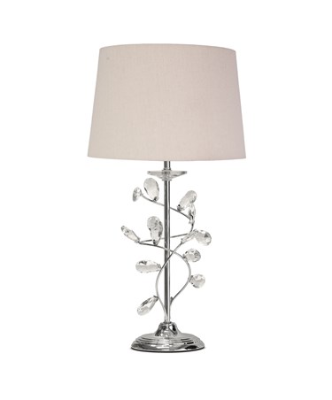 Crystal Glass Leaf Design Modern Chrome Table Lamp with Natural Linen Shade