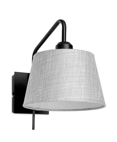 Stratton Matt Black Swing Arm Plug In Wall Light with Grey Linen Shade