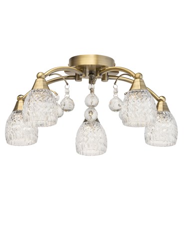 Lismore 5 Light Antique Brass Semi Flush Ceiling Light with Crystal Glass Shades