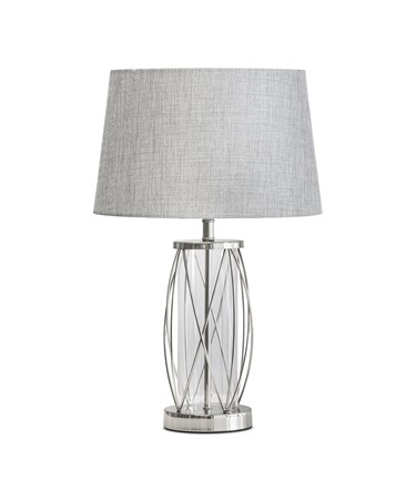 Ashleigh Silver Clear Glass Cylinder Lantern Table Lamp with Grey Linen Shade Ashleigh Silver Clear Glass Cylinder Lantern Table Lamp with Grey Linen Shade