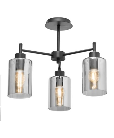 Menari Matt Black 3 Light Ceiling Light with Smoked Glass Shades