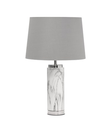 Cylinder Grey Marble Effect Table Lamp with Grey Silver Lined Shade