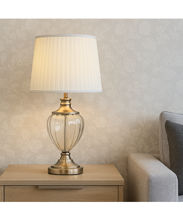 Hepburn Large Amber Glass Antique Brass Table Lamp with Cream Pleat Shade