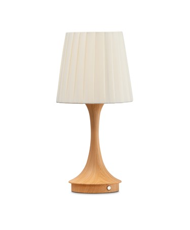 Light Wood Effect Rechargeable Table Lamp with Cream Pleat Shade