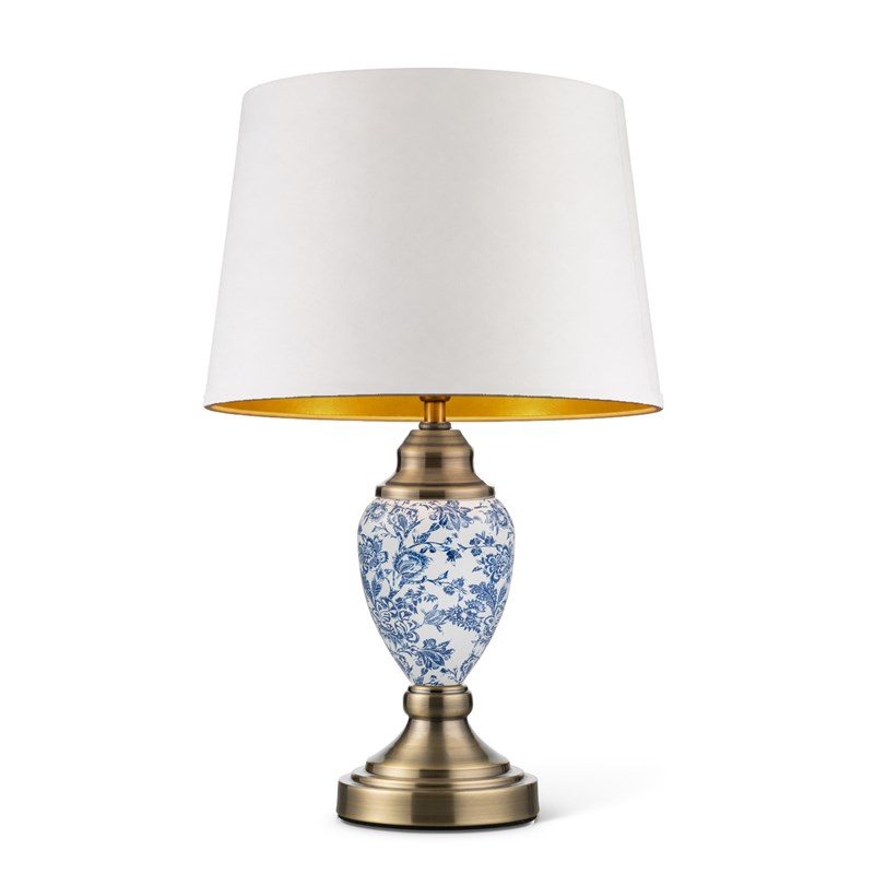 Bailey Small White Table Lamp with Blue Print and Cream Gold Lined Shade Bailey Small White Table Lamp with Blue Print and Cream Gold Lined Shade