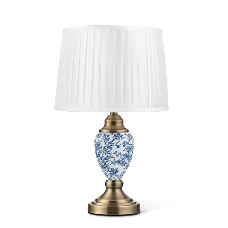 Bailey Small White Table Lamp with Blue Print and Ivory Pleat Shade Bailey Small White Table Lamp with Blue Print and Ivory Pleat Shade