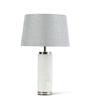 Cylinder Ash Grey Wood Print/Silver Table Lamp with Grey Linen Shade