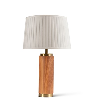 Cylinder Wood Effect Print/Gold Table Lamp with Cream Pleat Shade