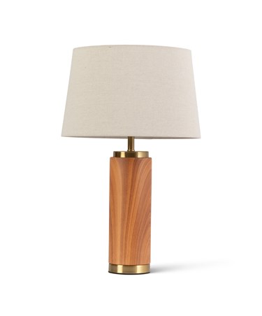 Cylinder Ash Grey Wood Print/Gold Table Lamp with Natural Linen Shade