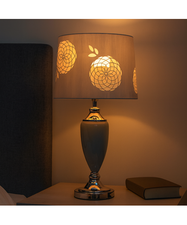 Malham Large Table Lamp with Lacy Bloom Stencil Shade - Modern Grey & Silver
