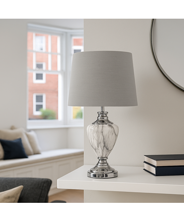 Hepburn Large Grey Marble Effect Table Lamp with Grey Silver Lined Shade - Grey