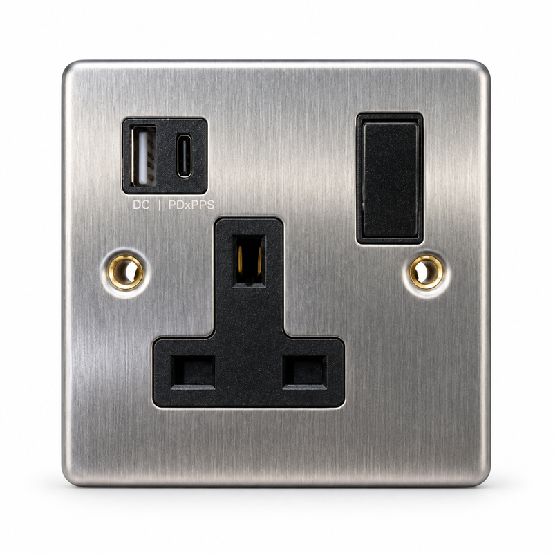 Round Edge Brushed Steel 1G Switched Socket with USB-A & USB-C Round Edge Brushed Steel 1G Switched Socket with USB-A & USB-C