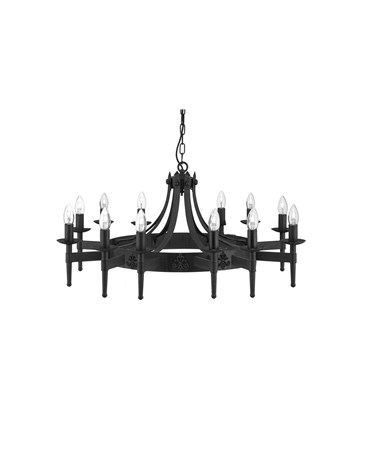 Searchlight Cartwheel 12 Light Pendant - Matt Black Wrought Iron Effect
