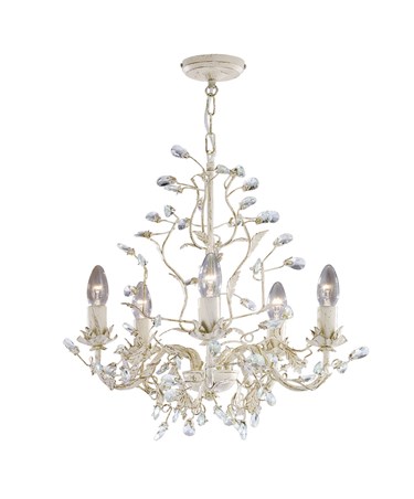 Searchlight Almandite Ceiling 5 Light - Cream Gold Leaves And Clear Crystal