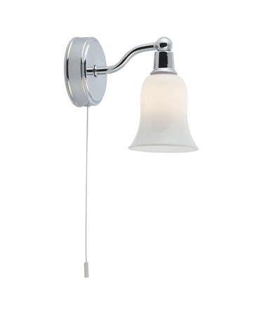 Searchlight Bathroom Wall Light - Chrome - White Glass Shade - Pull Cord