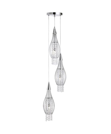 Searchlight Rocket Cage Frame Multi-Drop Pendant - Chrome - Clear Crystal Drops
