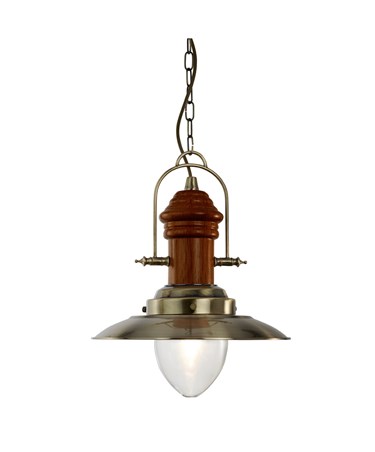 Searchlight Fisherman Single Pendant Light - Antique Brass & Dark Wood Finish