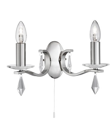 Searchlight Royale Double Wall Light - Satin Silver - Pull Cord - Glass Sconces