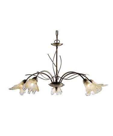 Searchlight Lily Ceiling 5 Light Pendant - Antique Brass- Amber Frosted Petal G