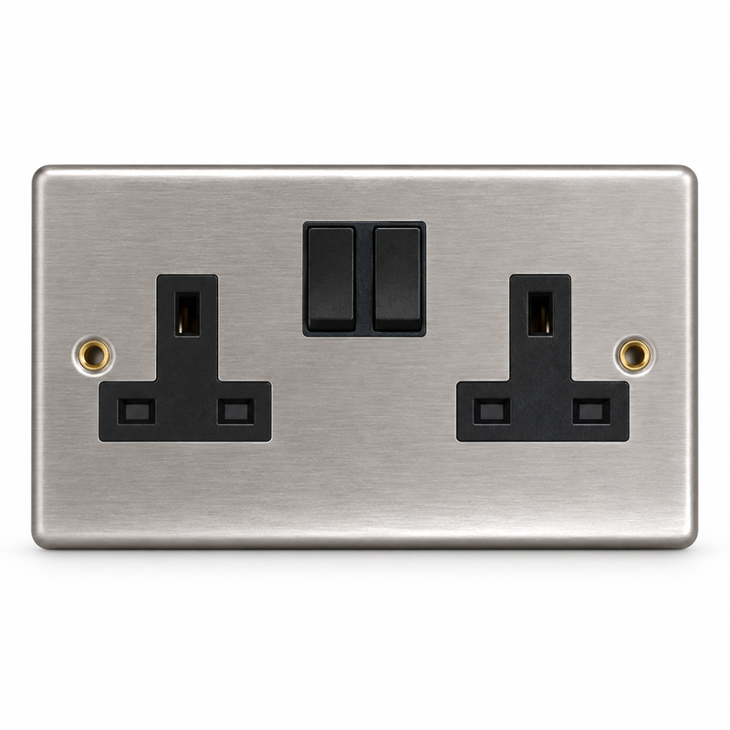 Round Edge Brushed Steel 13A 2G DP Switched Socket - Black Insert Round Edge Brushed Steel 13A 2G DP Switched Socket - Black Insert