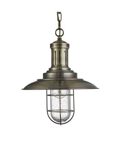 Searchlight Fisherman Single Pendant Light - Antique Brass - Caged Glass Shade