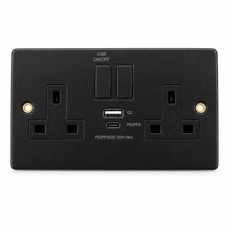 Round Edge Matt Black 13A 2G SP Switched Socket with USB-A & USB-C Round Edge Matt Black 13A 2G SP Switched Socket with USB-A & USB-C