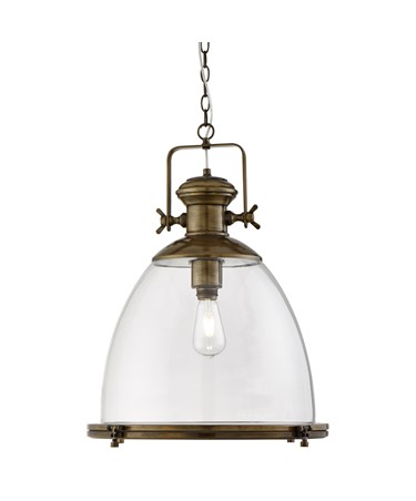 Searchlight Industrial Chain Pendant - Large Clear Glass Shade - Antique Brass