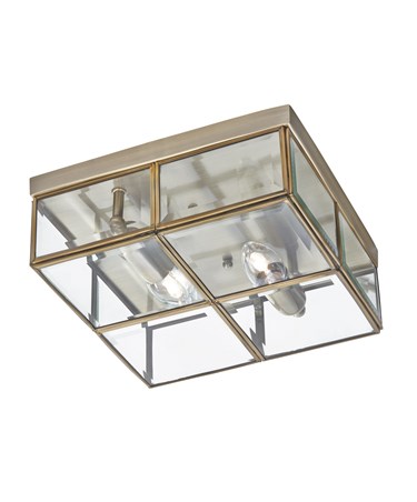 Searchlight Flush 2 Light Glass Box Ceiling Light - Antique Brass - Glass Panels