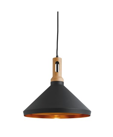 Searchlight Modern Cone Pendant Light- Black With Gold Inner - Wooden Cap