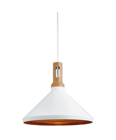 Searchlight Modern Cone Pendant Light- White With Gold Inner - Wooden Cap
