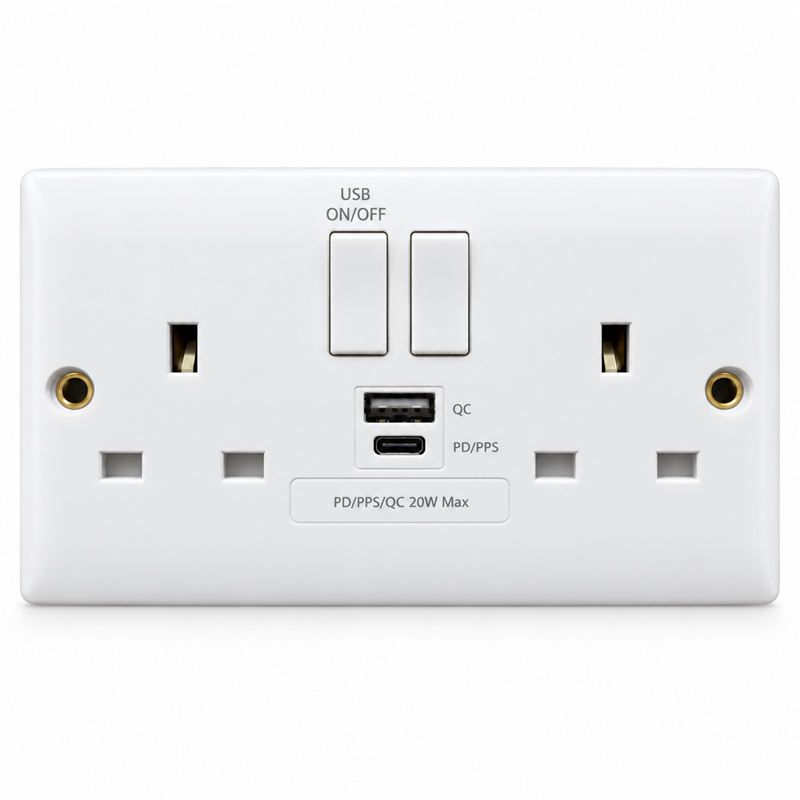 Convex Slim White 2G Switched Socket with USB-A & USB-C Convex Slim White 2G Switched Socket with USB-A & USB-C