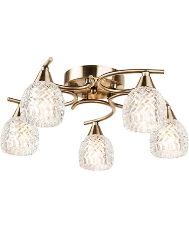 Hendon Semi Flush Antique Brass 5 Light Ceiling Light with Crystal Glass Shades