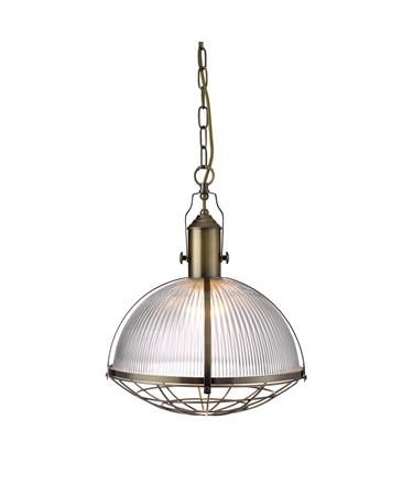 Searchlight Industrial Style Caged Pendant Light - Antique Brass & Clear Glass