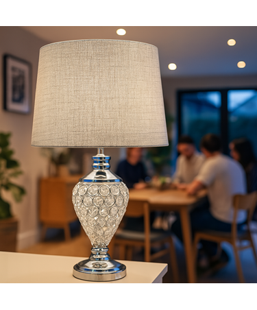 Hepburn Large Crystal Glass Table Lamp with Matching Grey Linen Shade - Silver