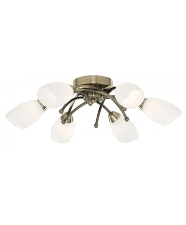 Searchlight Opera 6 Light Ceiling Flush Fitting - Antique Brass - Opal Glass