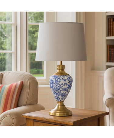 Hepburn Large Ceramic Table Lamp with White Gold Shade - Blue Print, Brass